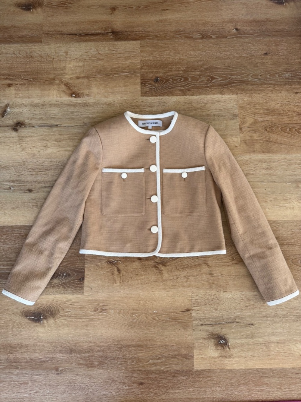 Veronica Beard Cream and Camel Button Up Cropped Blazer Jacket